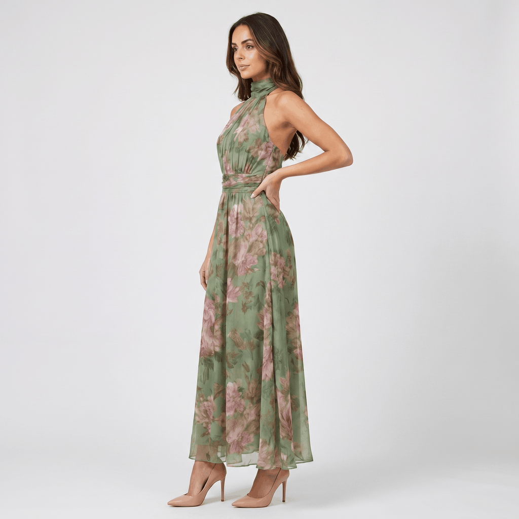 Valeria Floral Print Maxi Dress – Halter Neckline Ruched Waist Flowing Statement