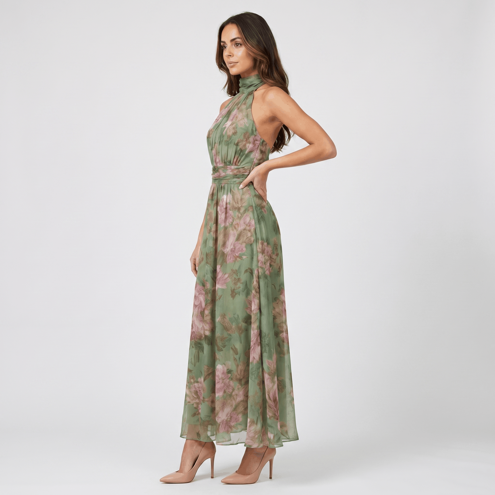 Valeria Floral Print Maxi Dress – Halter Neckline Ruched Waist Flowing Statement