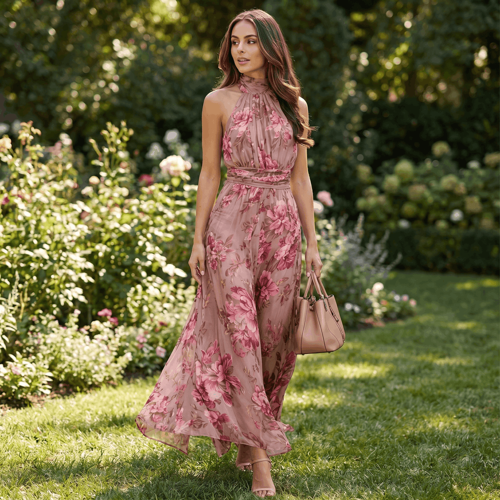 Valeria Floral Print Maxi Dress – Halter Neckline Ruched Waist Flowing Statement