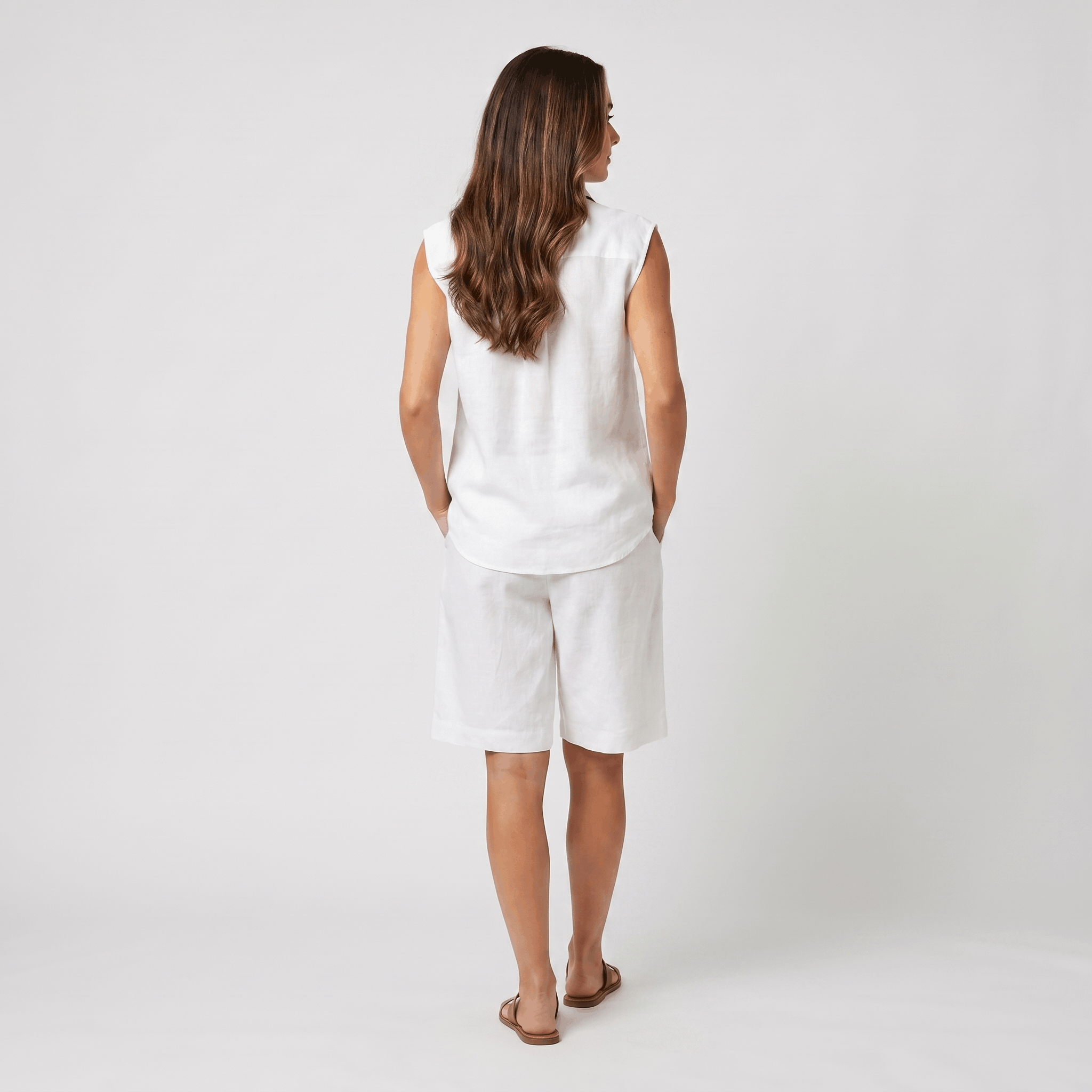 Solene Linen Two-Piece Set – Sleeveless Button Front Shirt Bermuda Shorts Casual Summer Outfit