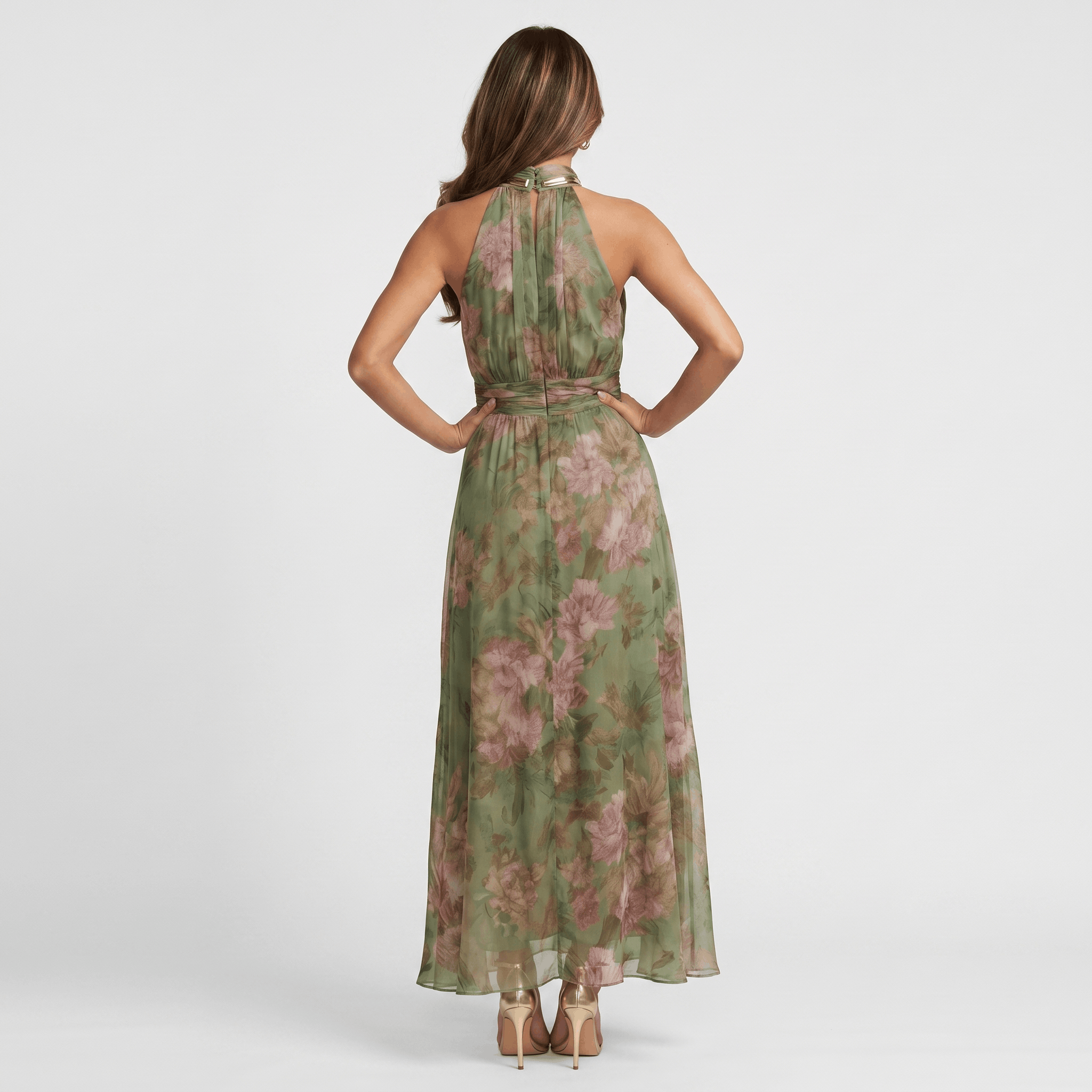Valeria Floral Print Maxi Dress – Halter Neckline Ruched Waist Flowing Statement