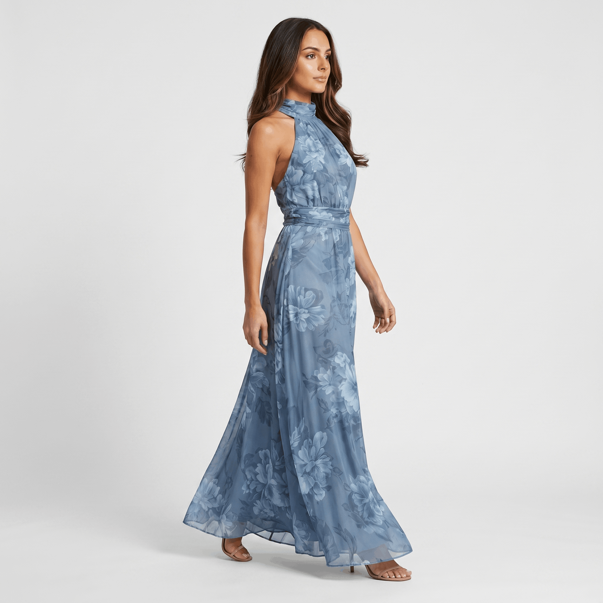 Valeria Floral Print Maxi Dress – Halter Neckline Ruched Waist Flowing Statement