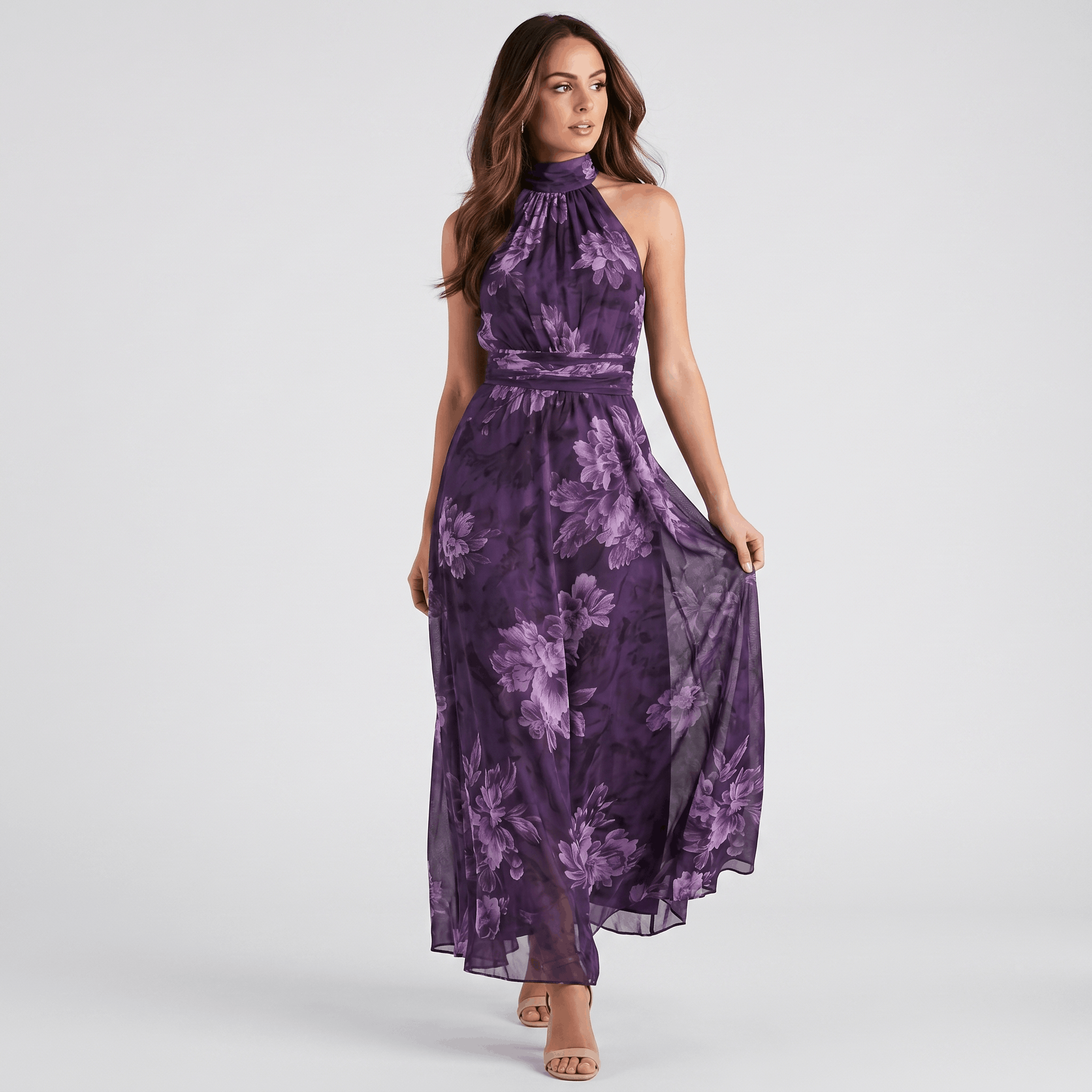 Valeria Floral Print Maxi Dress – Halter Neckline Ruched Waist Flowing Statement