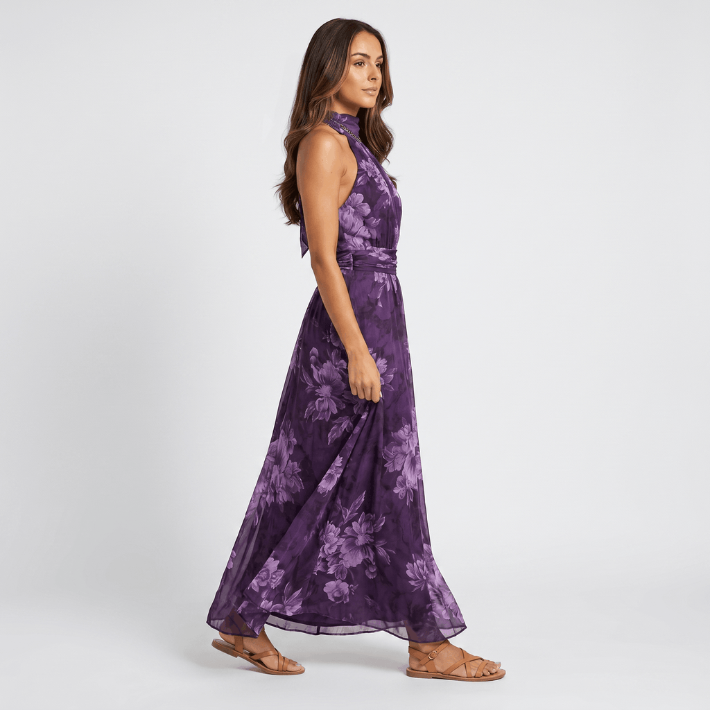 Valeria Floral Print Maxi Dress – Halter Neckline Ruched Waist Flowing Statement