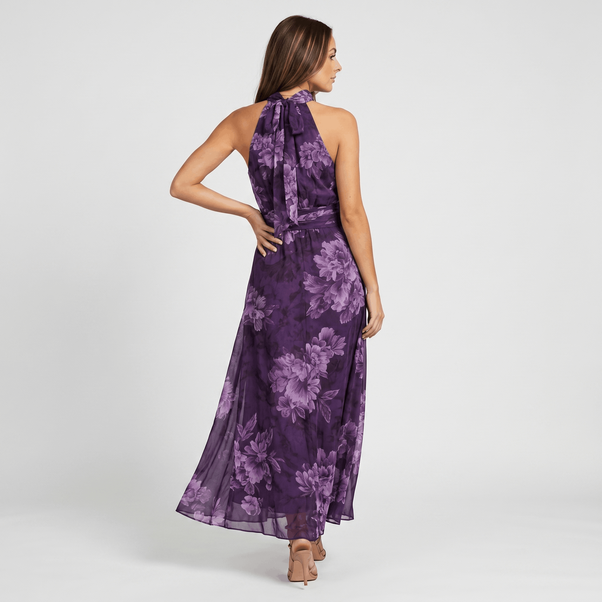 Valeria Floral Print Maxi Dress – Halter Neckline Ruched Waist Flowing Statement