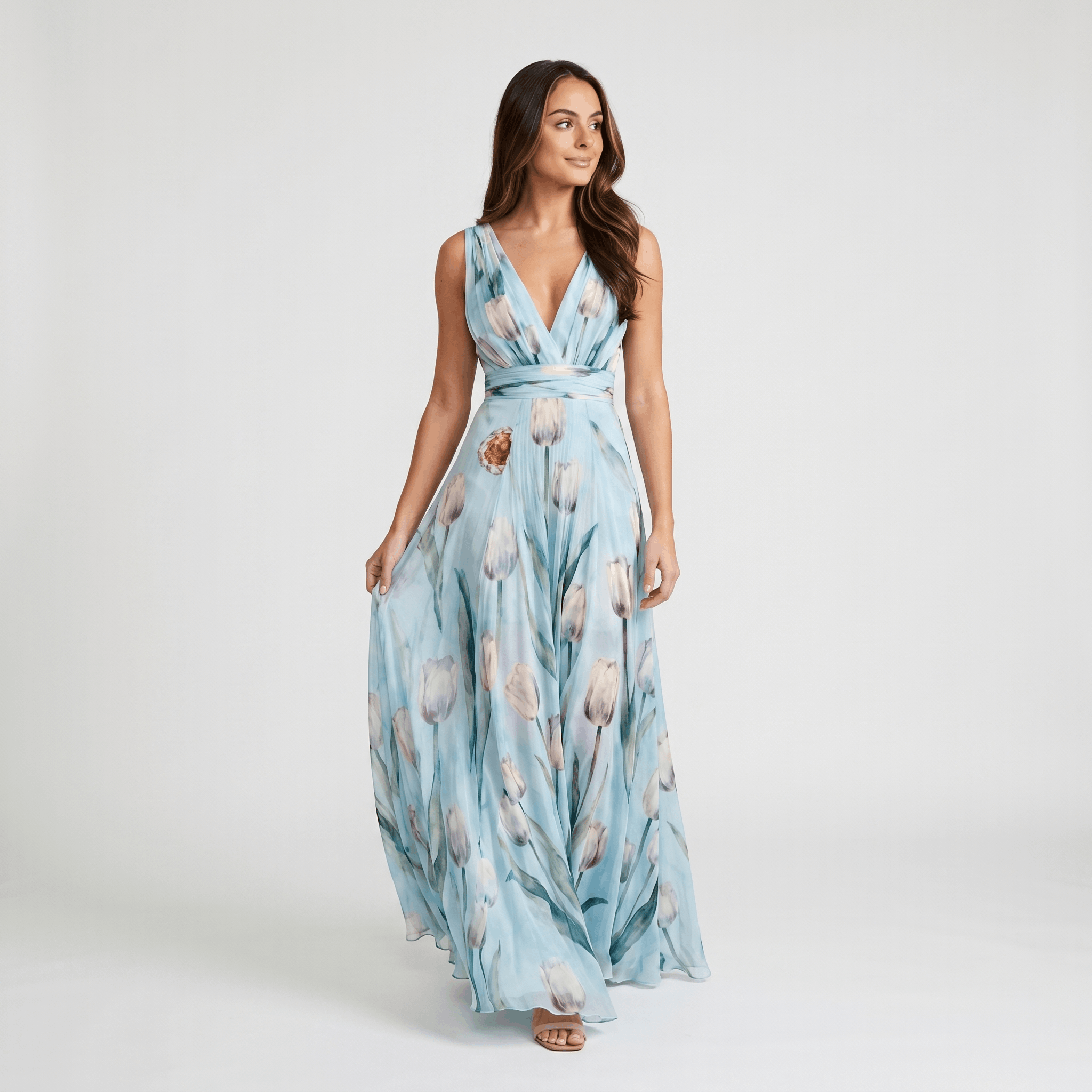 Geneva Chiffon Evening Gown – Tulip Print V-Neck Wrap Floor-Length Flowy Silhouette