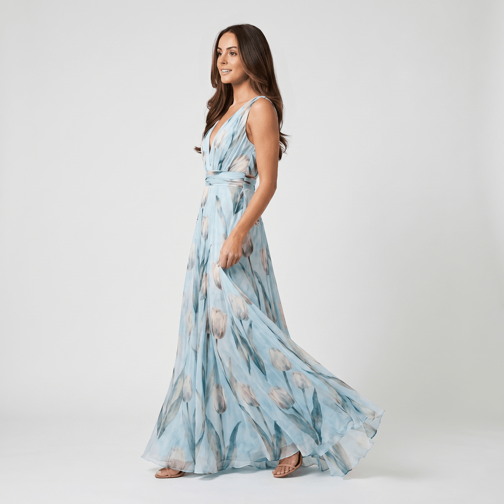 Geneva Chiffon Evening Gown – Tulip Print V-Neck Wrap Floor-Length Flowy Silhouette