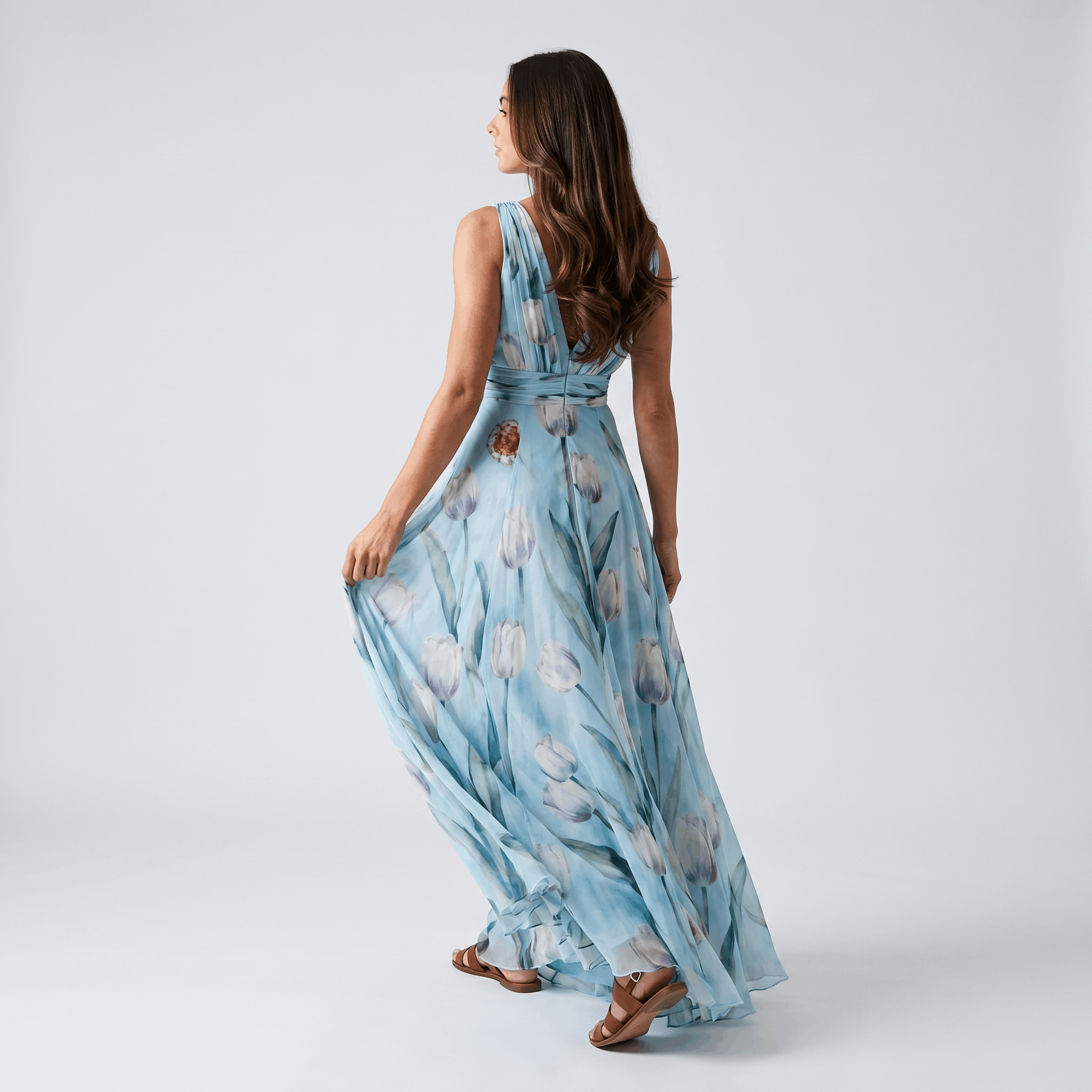 Geneva Chiffon Evening Gown – Tulip Print V-Neck Wrap Floor-Length Flowy Silhouette