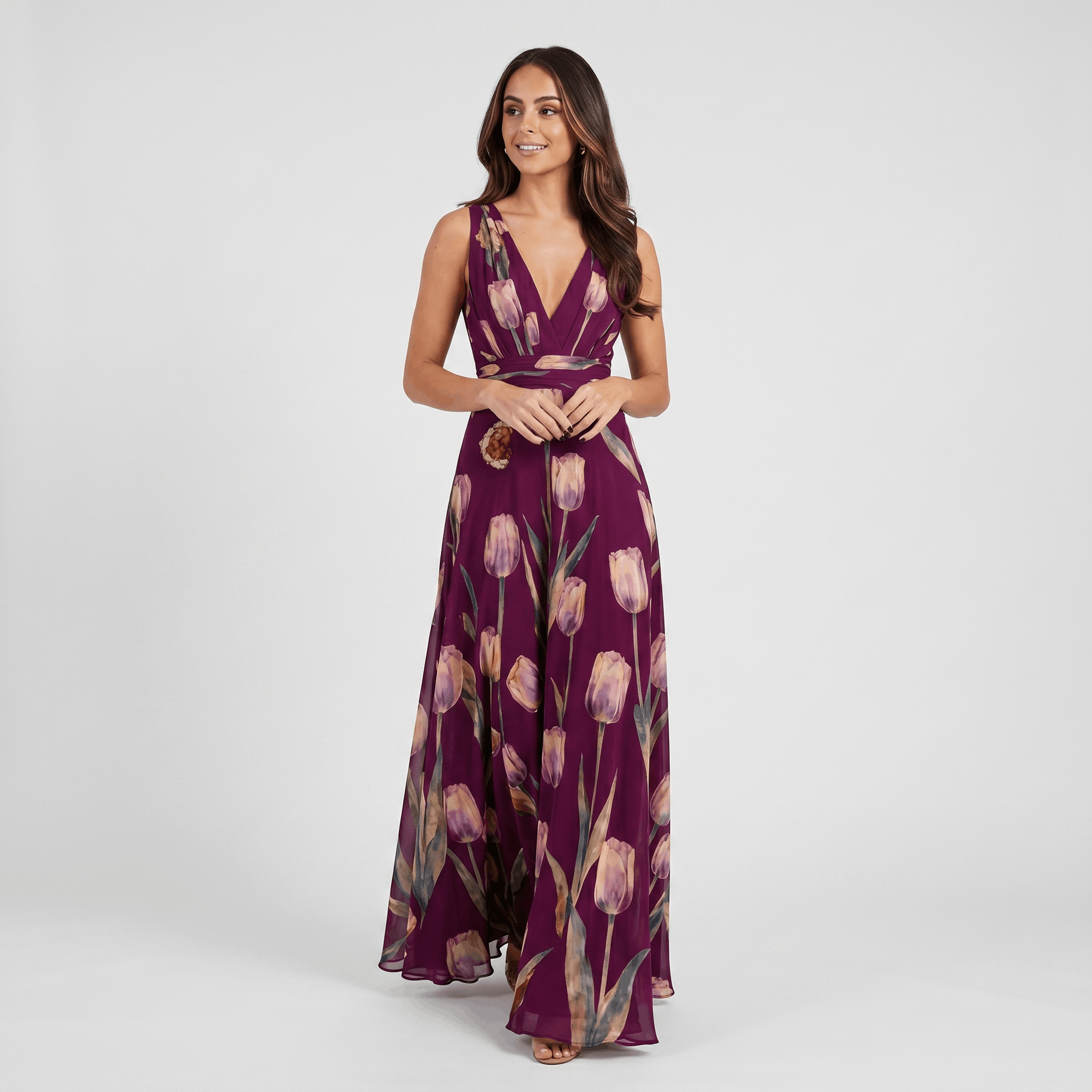 Geneva Chiffon Evening Gown – Tulip Print V-Neck Wrap Floor-Length Flowy Silhouette