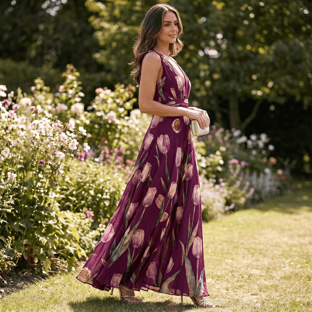 Geneva Chiffon Evening Gown – Tulip Print V-Neck Wrap Floor-Length Flowy Silhouette