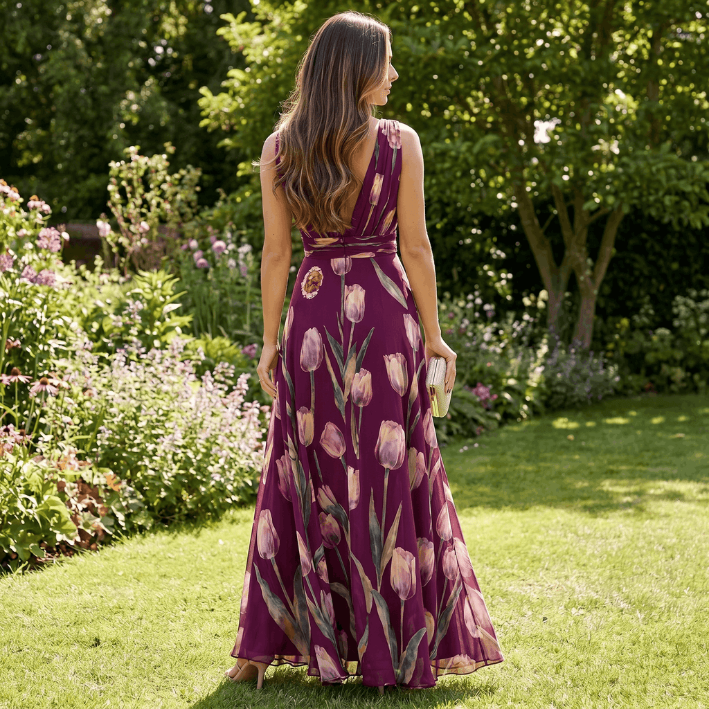 Geneva Chiffon Evening Gown – Tulip Print V-Neck Wrap Floor-Length Flowy Silhouette
