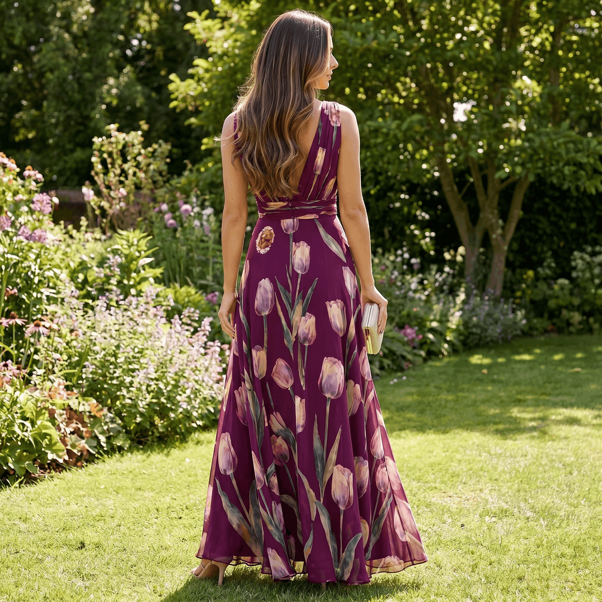 Geneva Chiffon Evening Gown – Tulip Print V-Neck Wrap Floor-Length Flowy Silhouette
