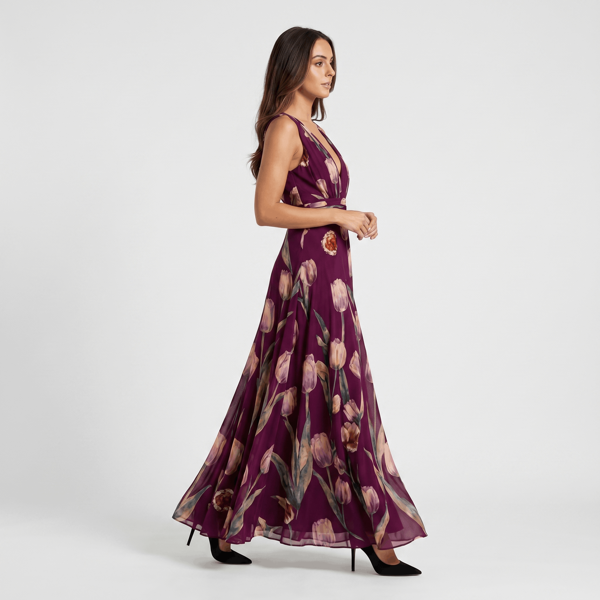 Geneva Chiffon Evening Gown – Tulip Print V-Neck Wrap Floor-Length Flowy Silhouette