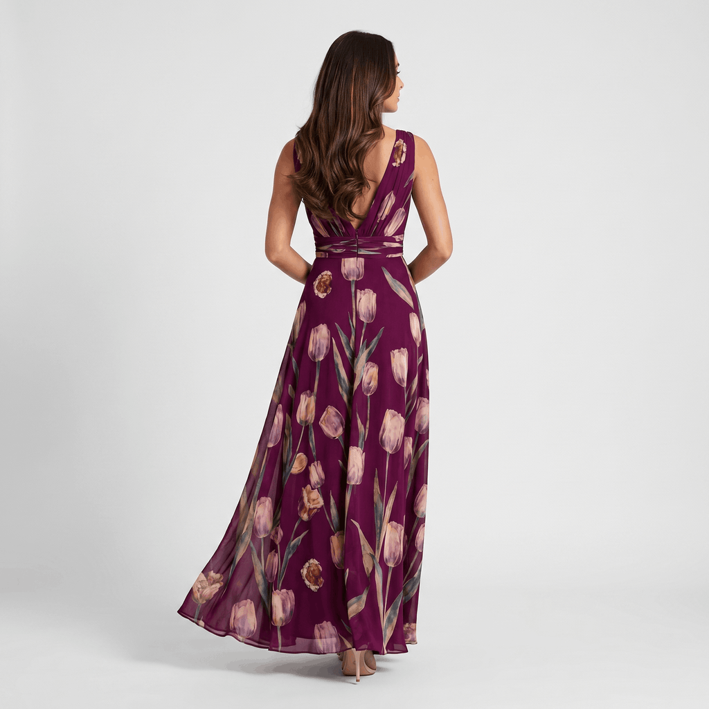 Geneva Chiffon Evening Gown – Tulip Print V-Neck Wrap Floor-Length Flowy Silhouette