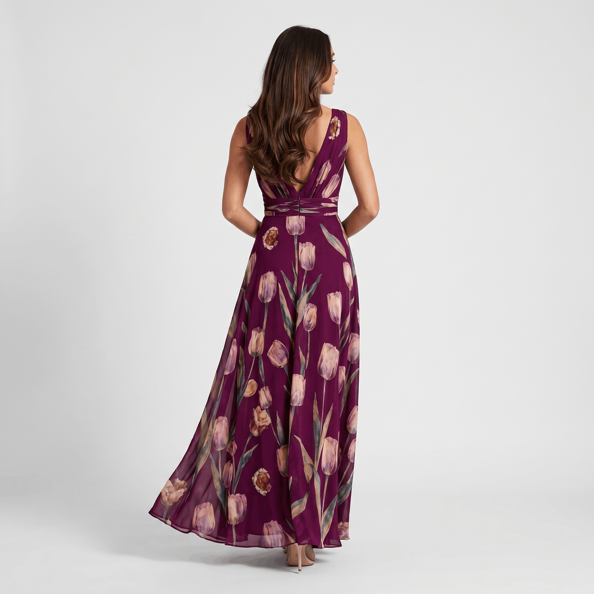 Geneva Chiffon Evening Gown – Tulip Print V-Neck Wrap Floor-Length Flowy Silhouette