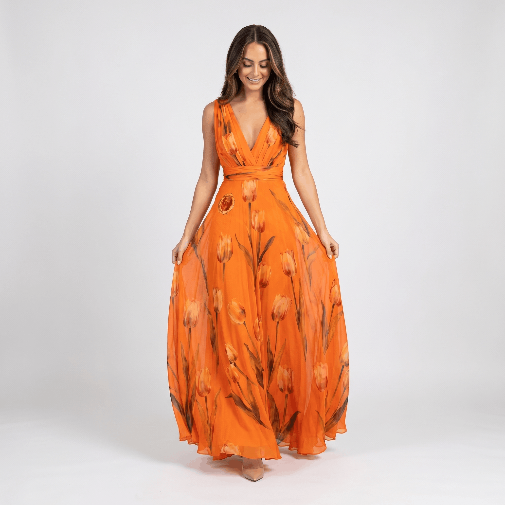 Geneva Chiffon Evening Gown – Tulip Print V-Neck Wrap Floor-Length Flowy Silhouette