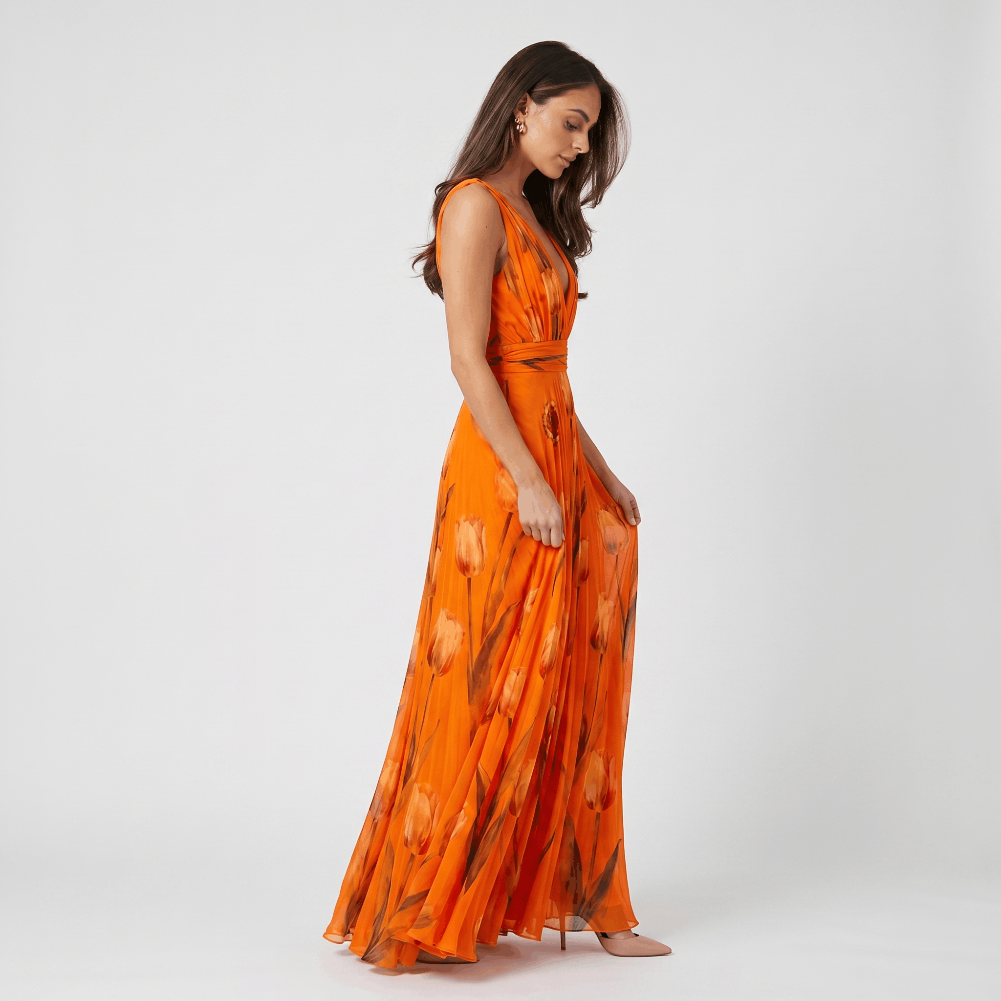 Geneva Chiffon Evening Gown – Tulip Print V-Neck Wrap Floor-Length Flowy Silhouette