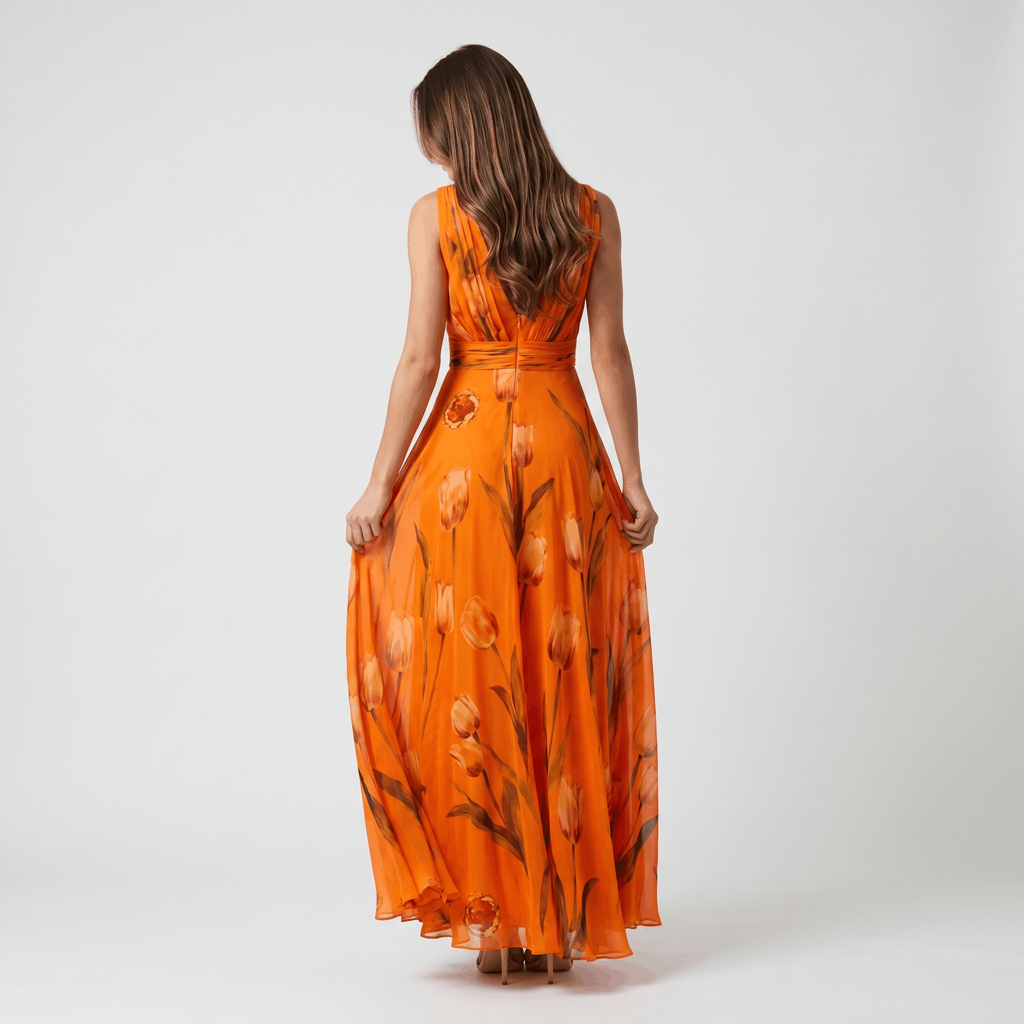 Geneva Chiffon Evening Gown – Tulip Print V-Neck Wrap Floor-Length Flowy Silhouette