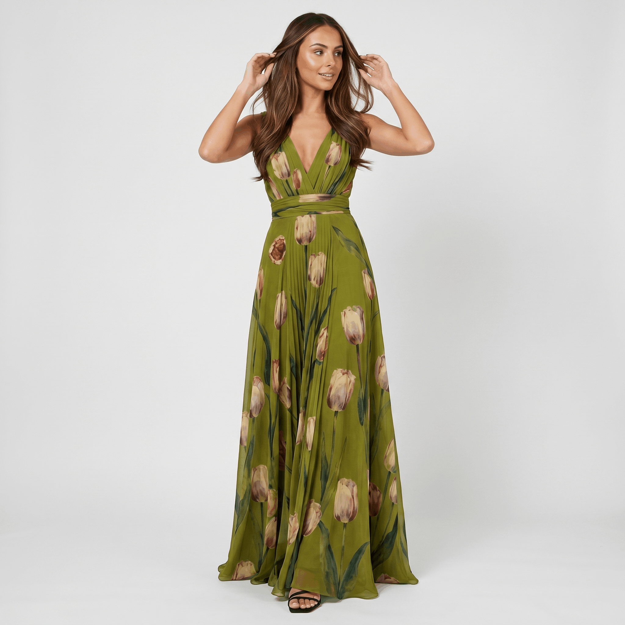 Geneva Chiffon Evening Gown – Tulip Print V-Neck Wrap Floor-Length Flowy Silhouette