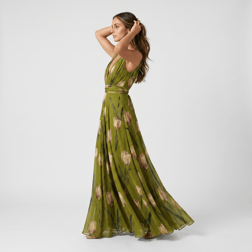Geneva Chiffon Evening Gown – Tulip Print V-Neck Wrap Floor-Length Flowy Silhouette