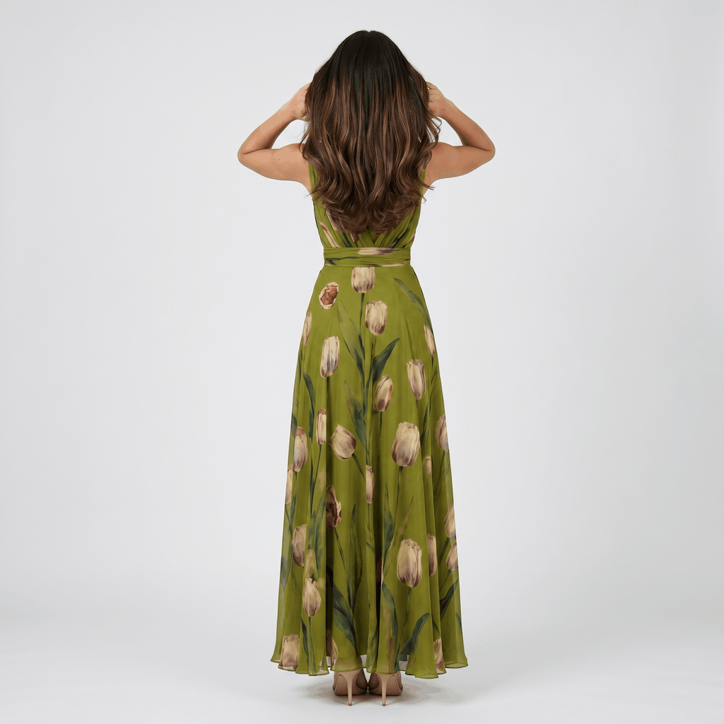 Geneva Chiffon Evening Gown – Tulip Print V-Neck Wrap Floor-Length Flowy Silhouette