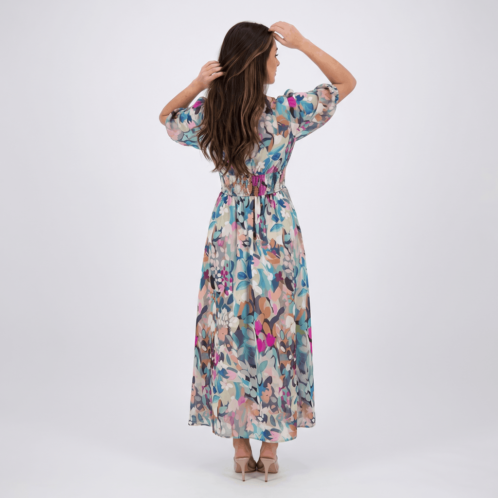 Keith Floral Print A-Line Midi Dress – V-Neck Empire Waist Puff-Sleeve Summer Silhouette
