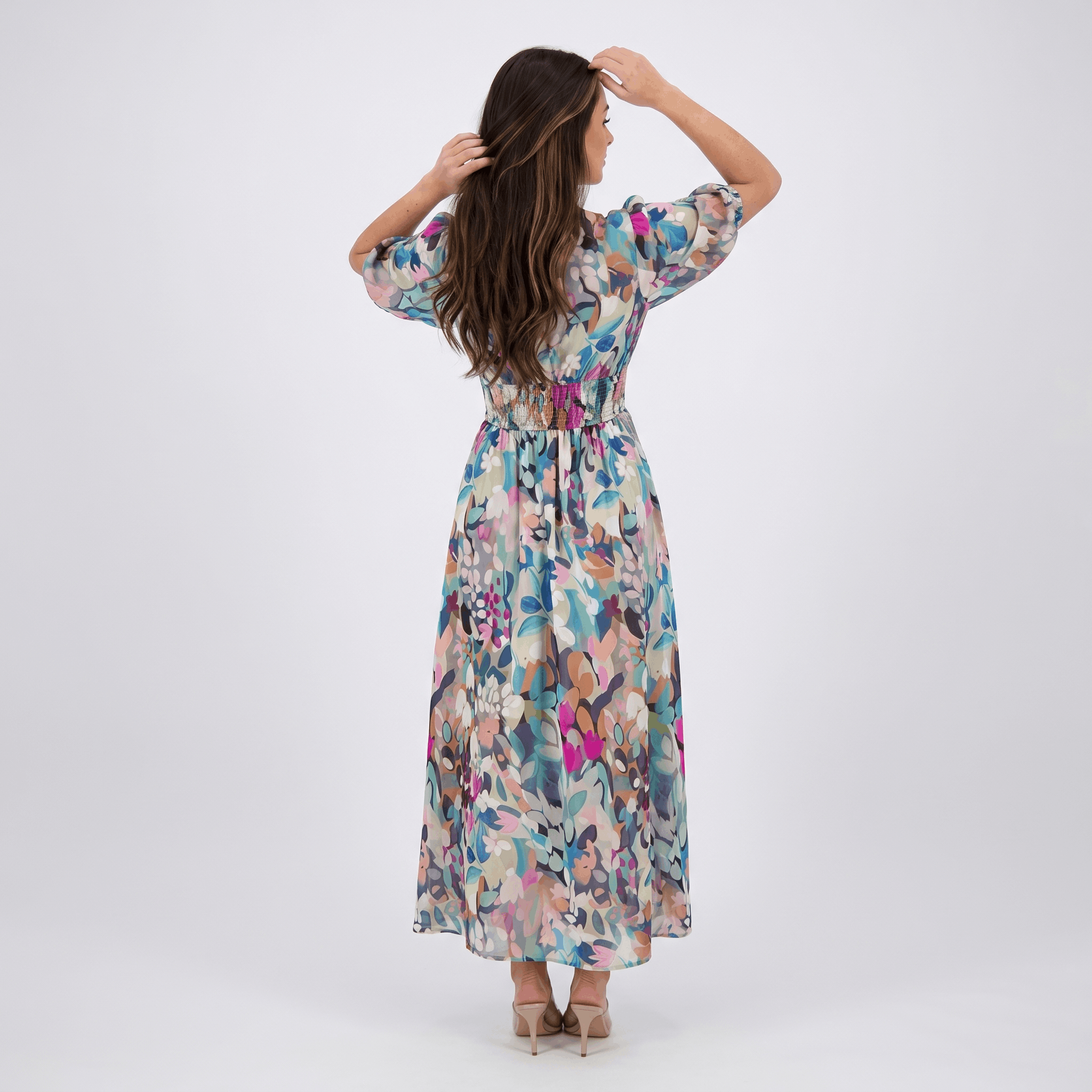 Keith Floral Print A-Line Midi Dress – V-Neck Empire Waist Puff-Sleeve Summer Silhouette