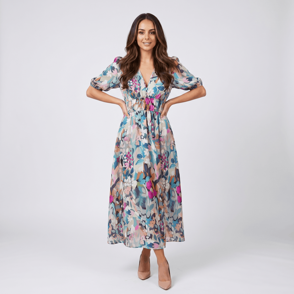 Keith Floral Print A-Line Midi Dress – V-Neck Empire Waist Puff-Sleeve Summer Silhouette