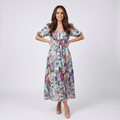 Keith Floral Print A-Line Midi Dress – V-Neck Empire Waist Puff-Sleeve Summer Silhouette