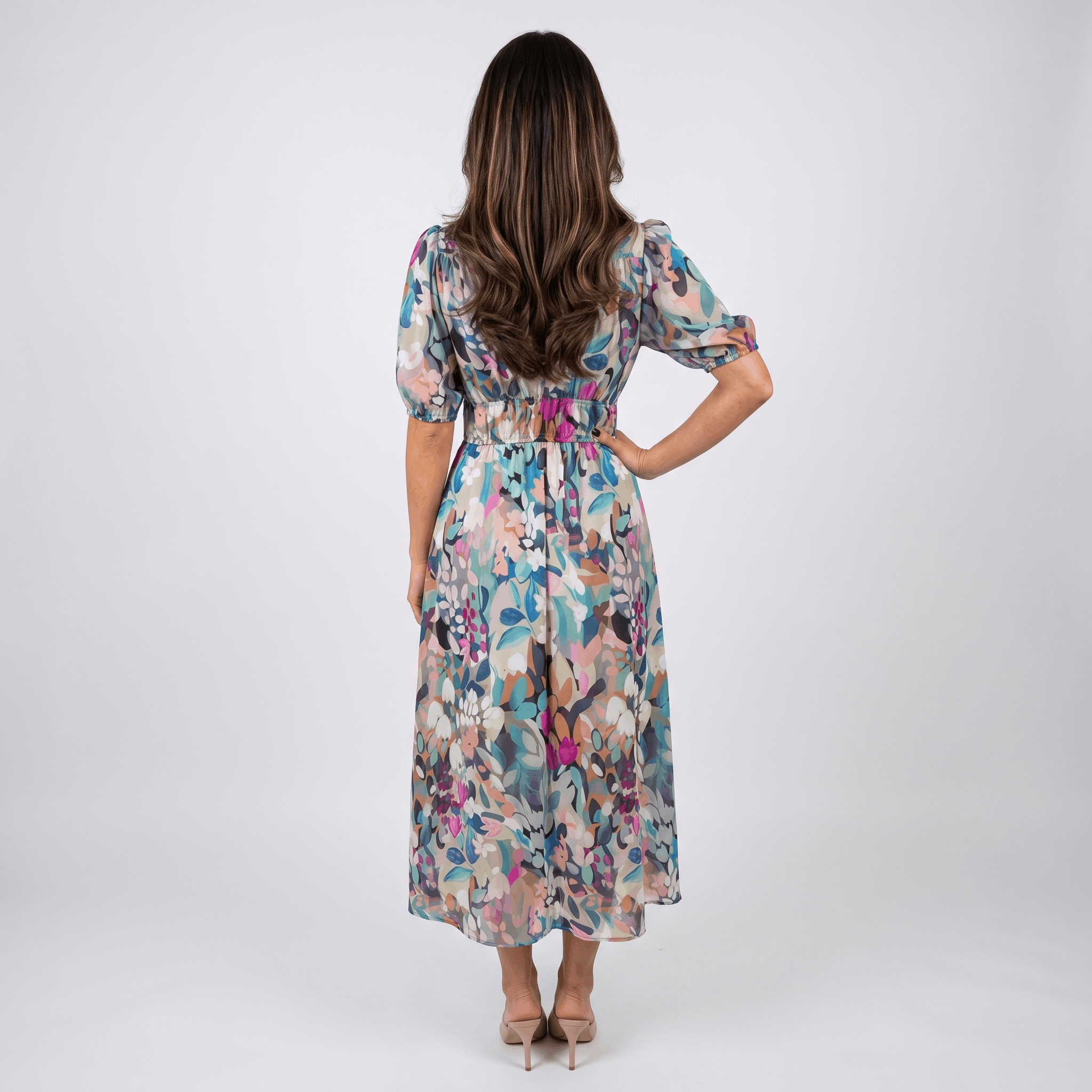 Keith Floral Print A-Line Midi Dress – V-Neck Empire Waist Puff-Sleeve Summer Silhouette