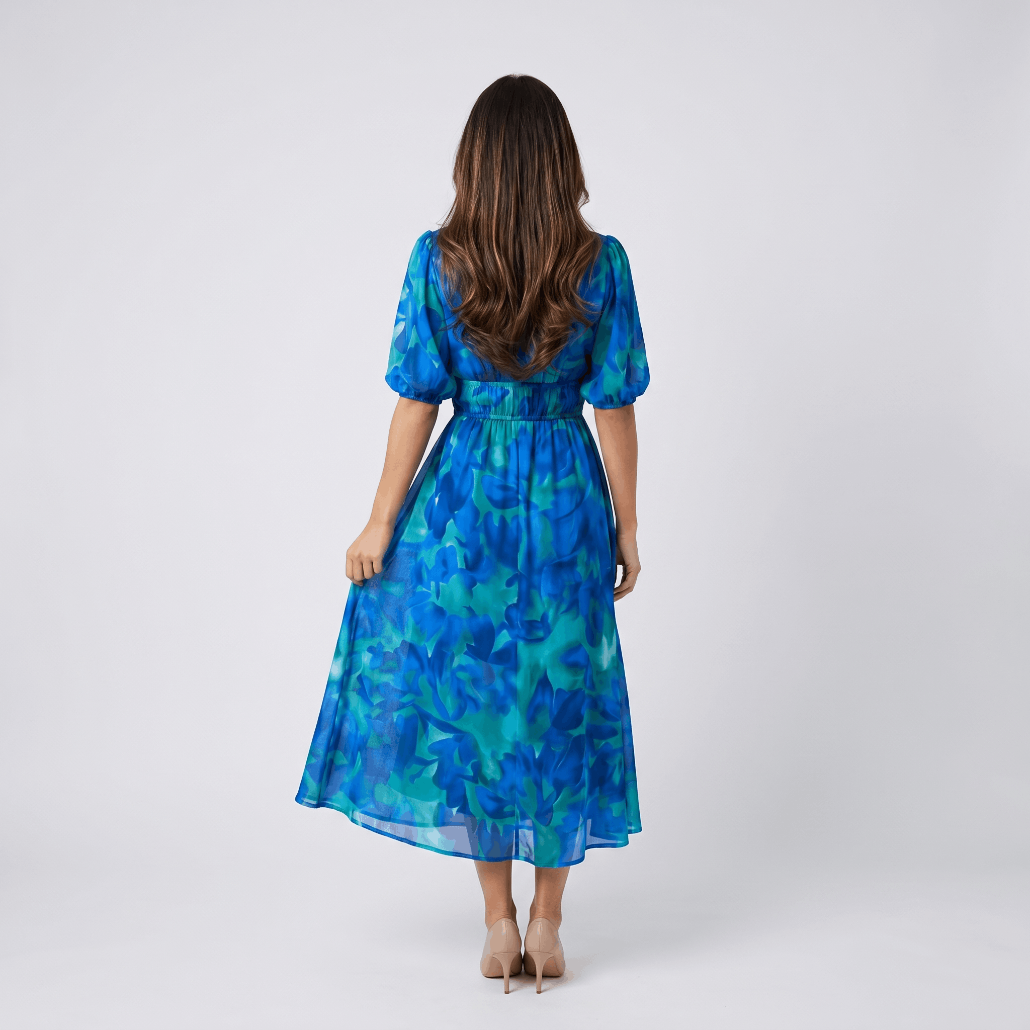 Keith Floral Print A-Line Midi Dress – V-Neck Empire Waist Puff-Sleeve Summer Silhouette