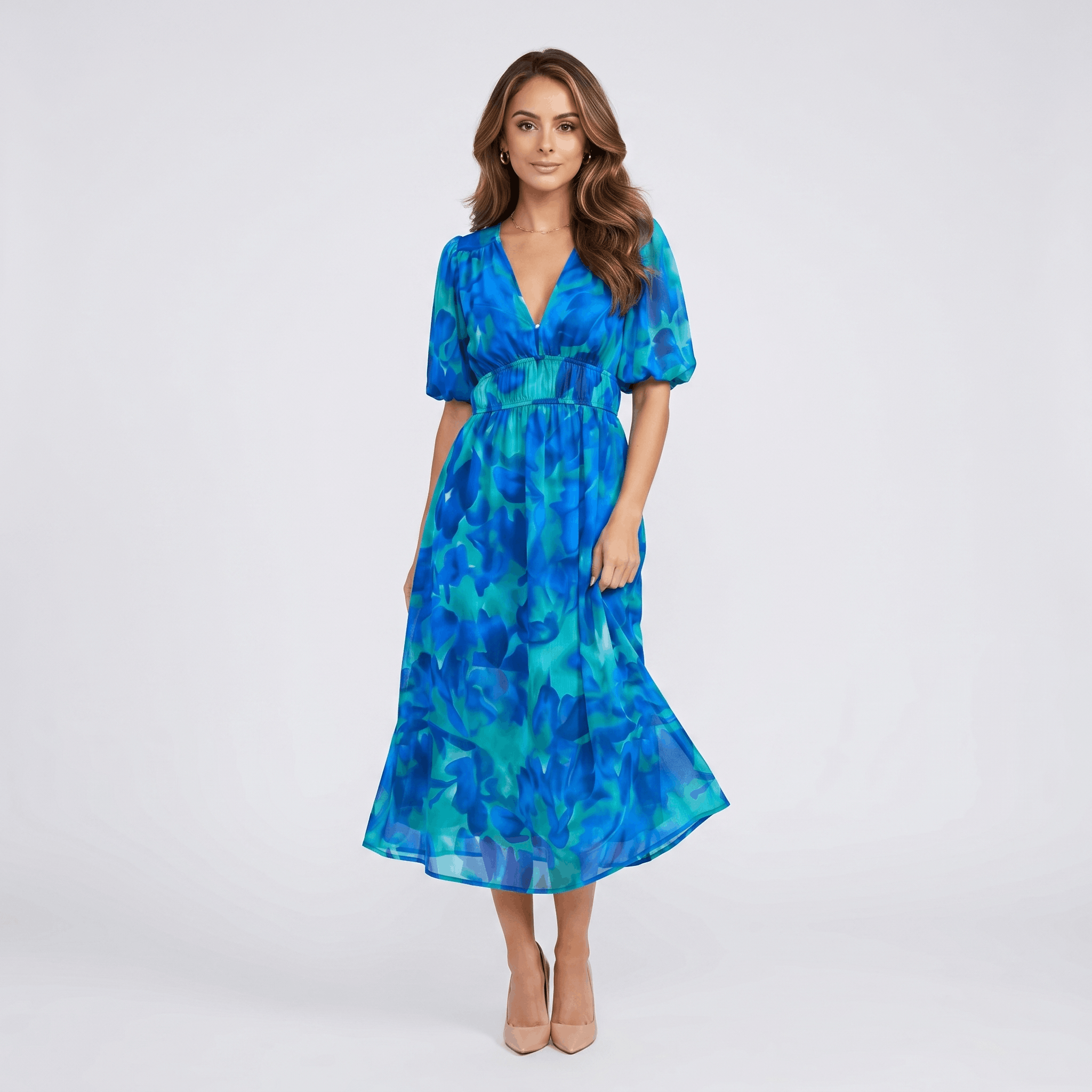 Keith Floral Print A-Line Midi Dress – V-Neck Empire Waist Puff-Sleeve Summer Silhouette