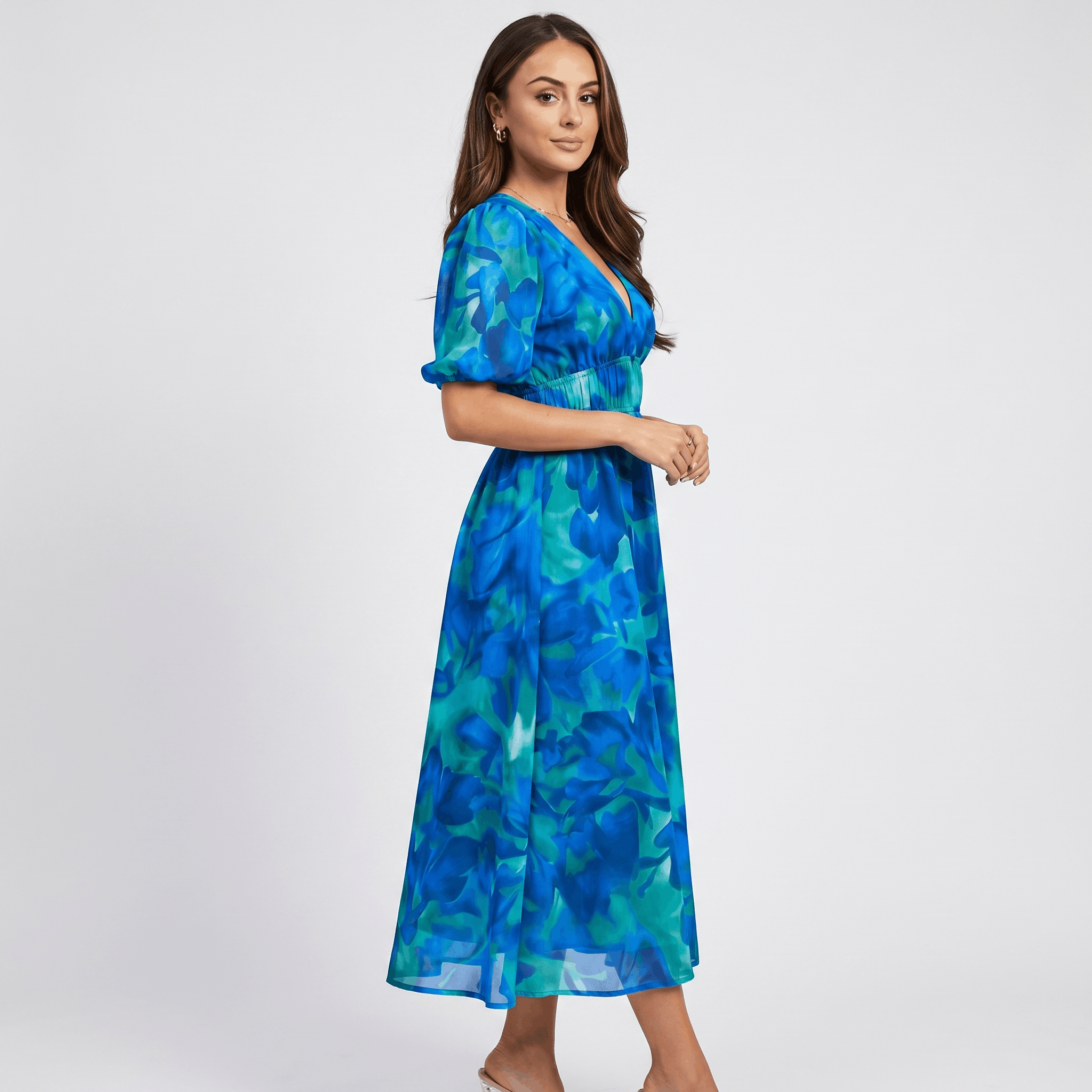 Keith Floral Print A-Line Midi Dress – V-Neck Empire Waist Puff-Sleeve Summer Silhouette