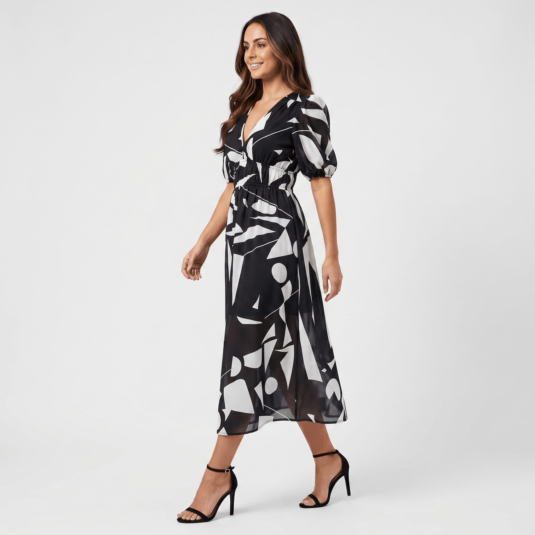 Keith Floral Print A-Line Midi Dress – V-Neck Empire Waist Puff-Sleeve Summer Silhouette