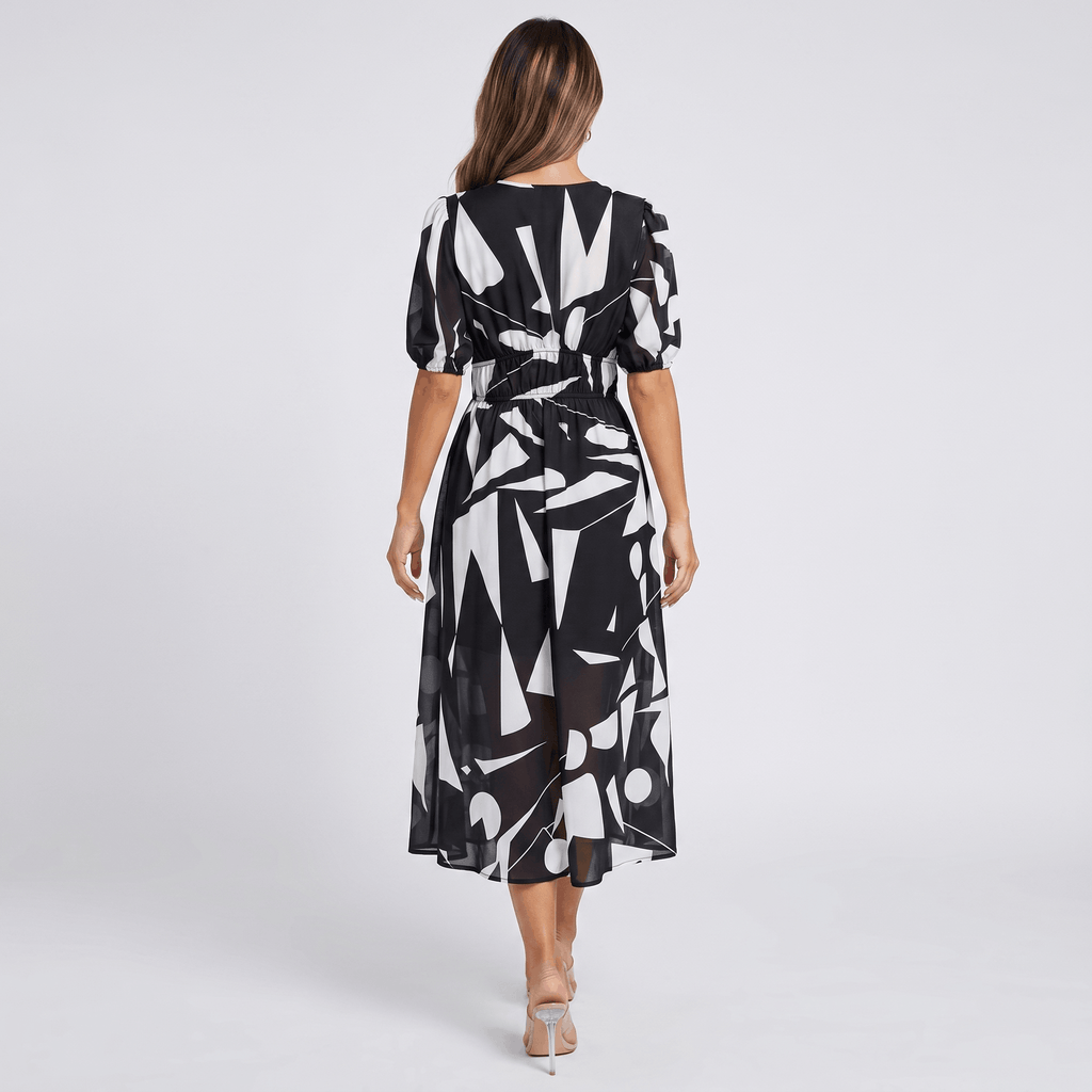 Keith Floral Print A-Line Midi Dress – V-Neck Empire Waist Puff-Sleeve Summer Silhouette