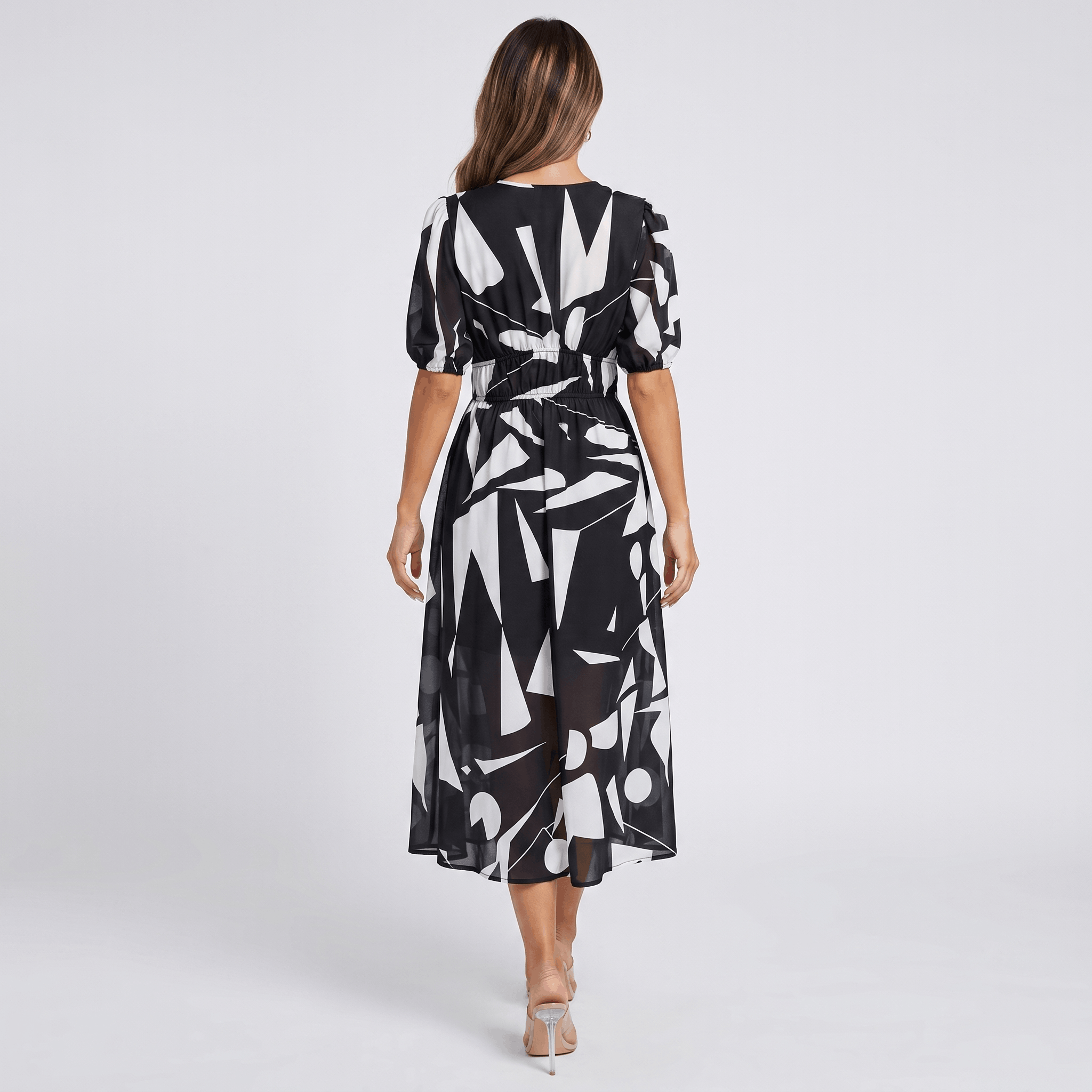 Keith Floral Print A-Line Midi Dress – V-Neck Empire Waist Puff-Sleeve Summer Silhouette