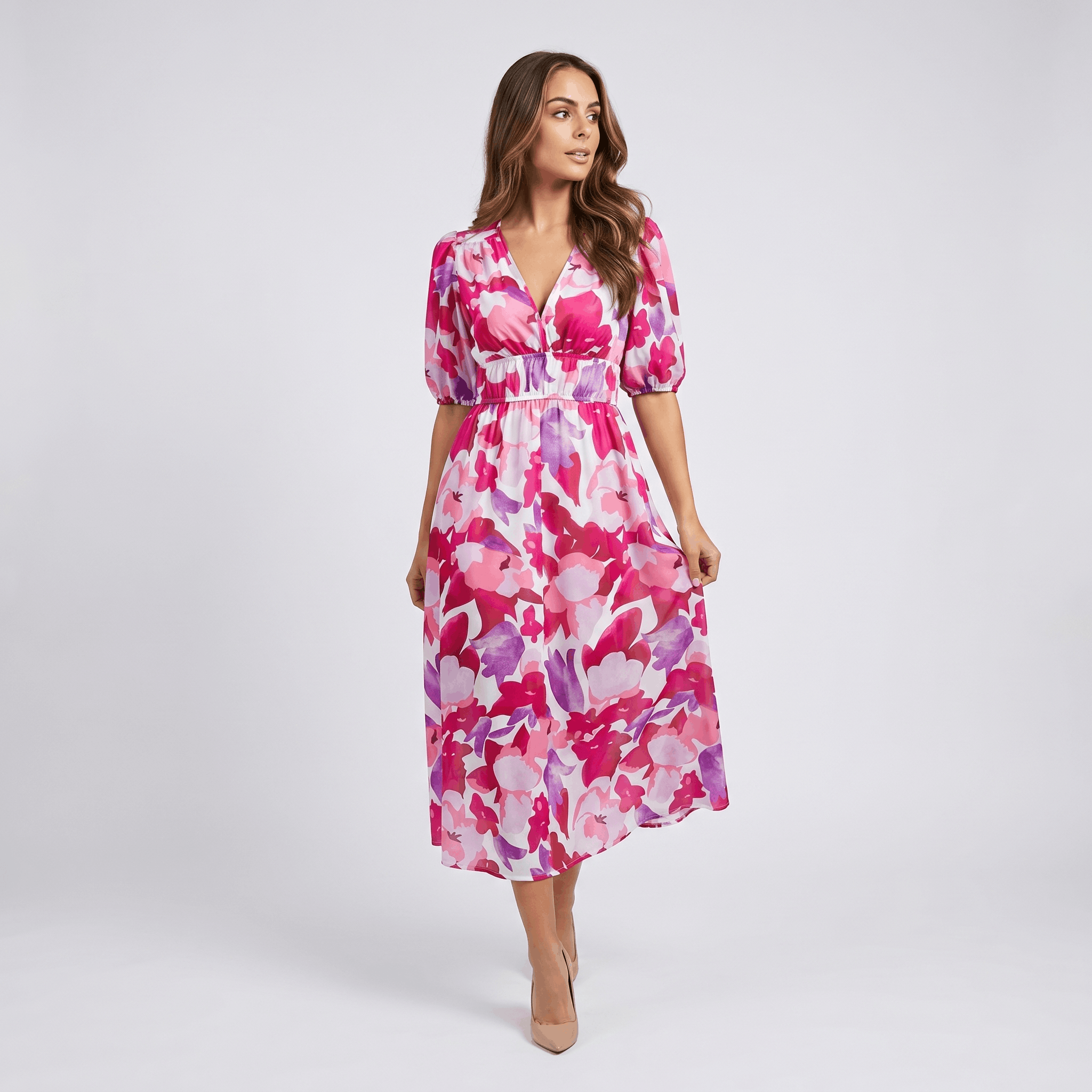Keith Floral Print A-Line Midi Dress – V-Neck Empire Waist Puff-Sleeve Summer Silhouette