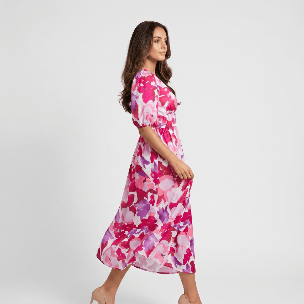 Keith Floral Print A-Line Midi Dress – V-Neck Empire Waist Puff-Sleeve Summer Silhouette