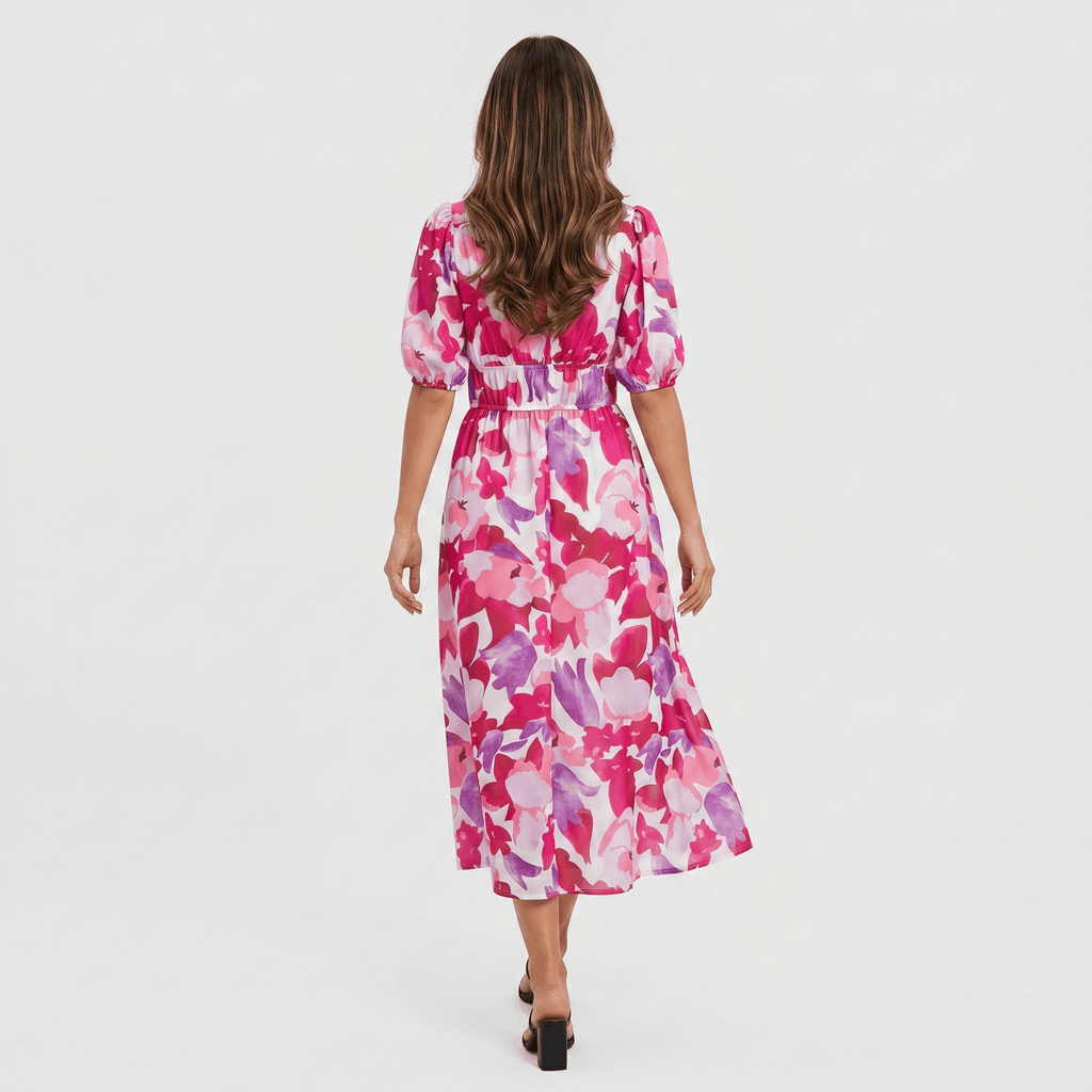 Keith Floral Print A-Line Midi Dress – V-Neck Empire Waist Puff-Sleeve Summer Silhouette