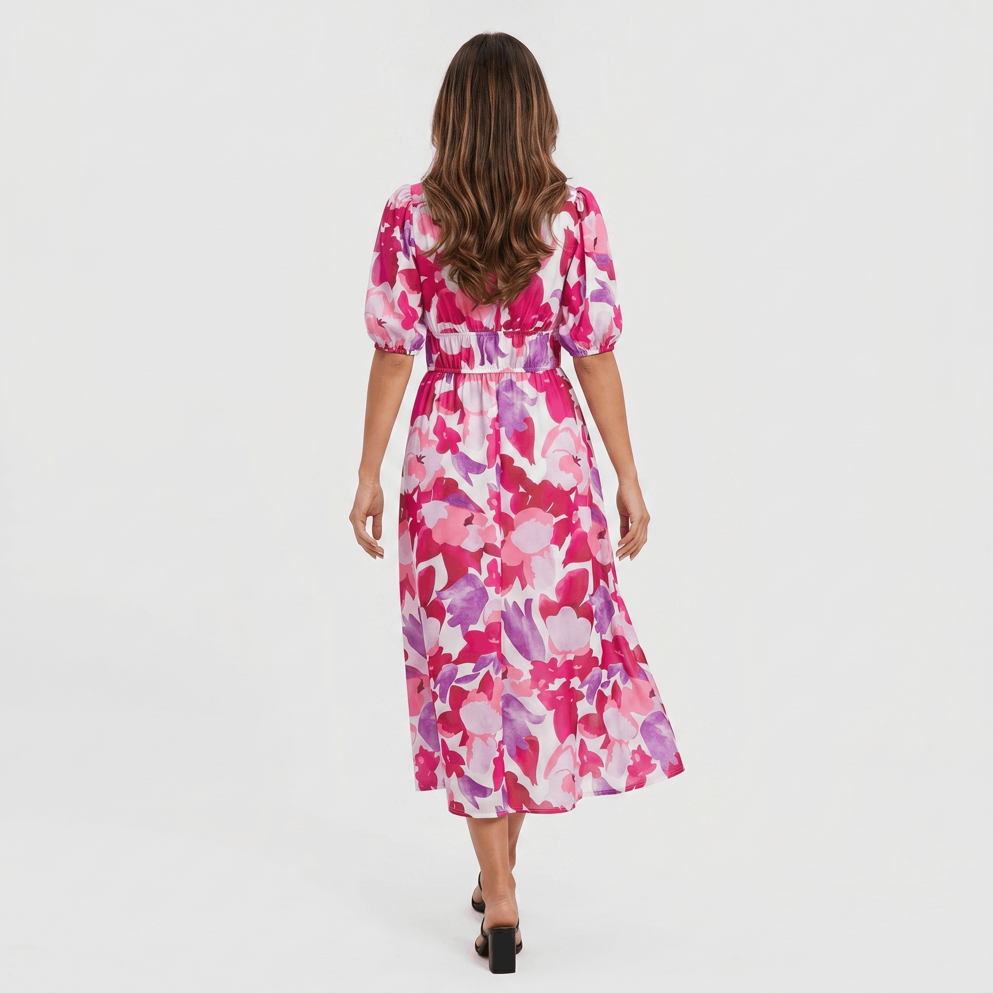 Keith Floral Print A-Line Midi Dress – V-Neck Empire Waist Puff-Sleeve Summer Silhouette