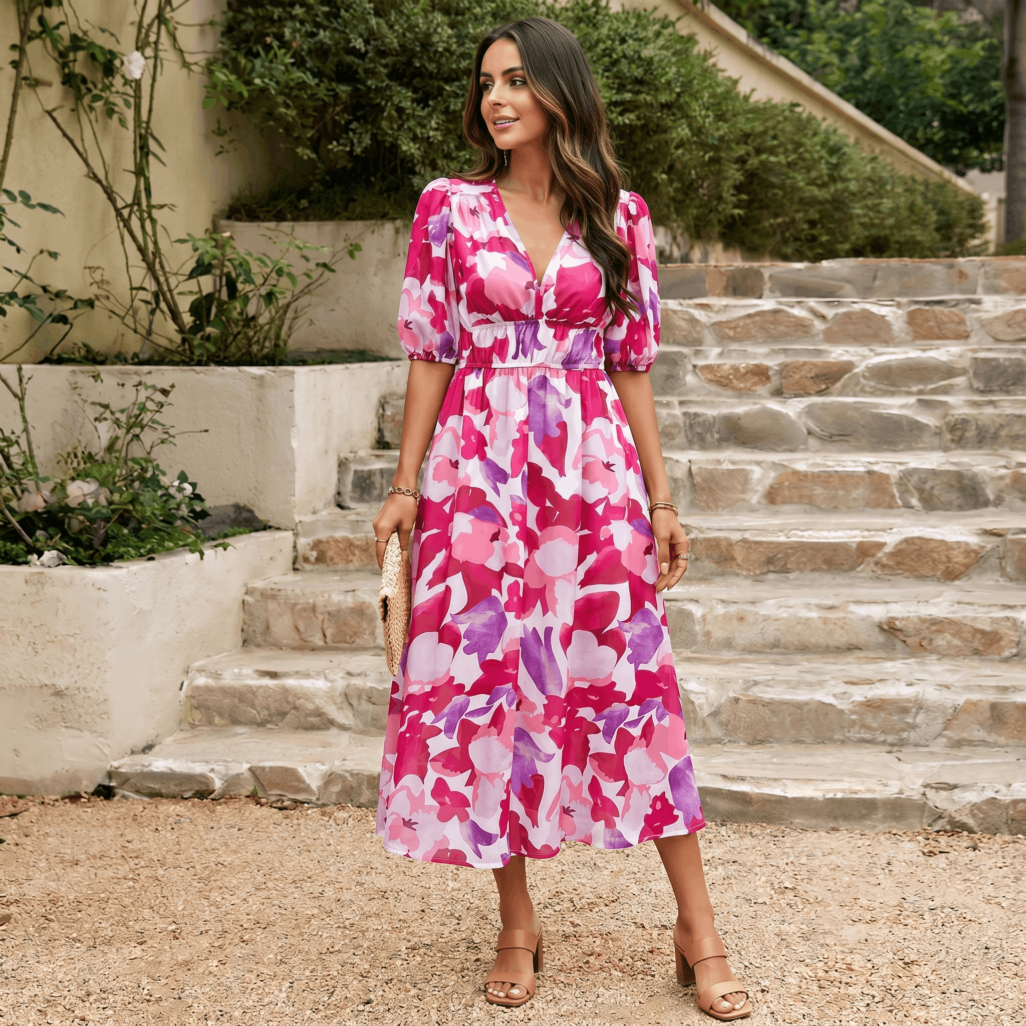 Keith Floral Print A-Line Midi Dress – V-Neck Empire Waist Puff-Sleeve Summer Silhouette