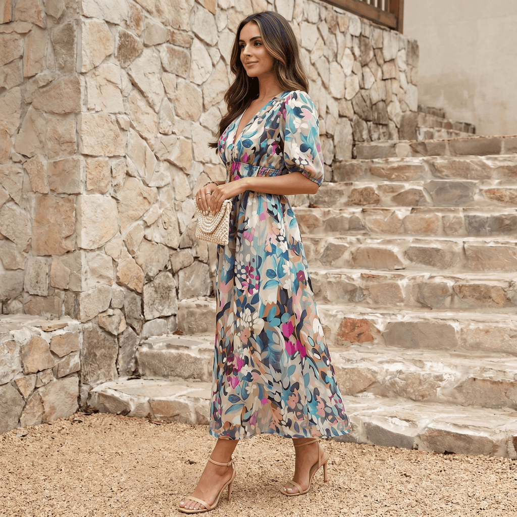 Keith Floral Print A-Line Midi Dress – V-Neck Empire Waist Puff-Sleeve Summer Silhouette