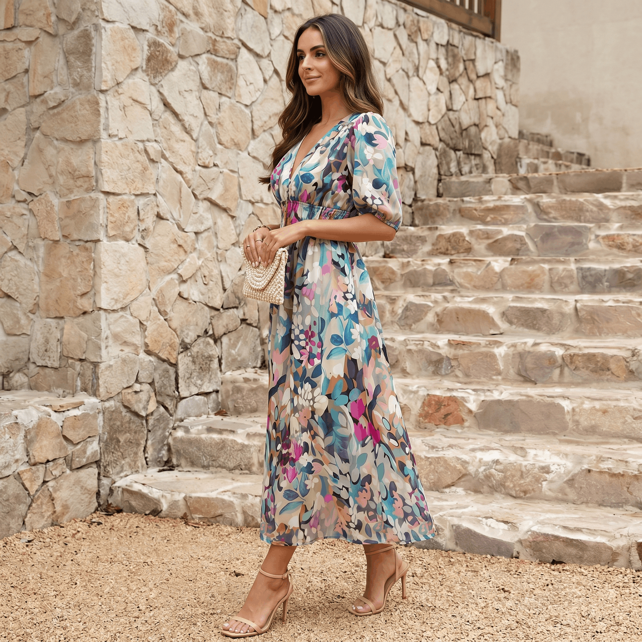 Keith Floral Print A-Line Midi Dress – V-Neck Empire Waist Puff-Sleeve Summer Silhouette