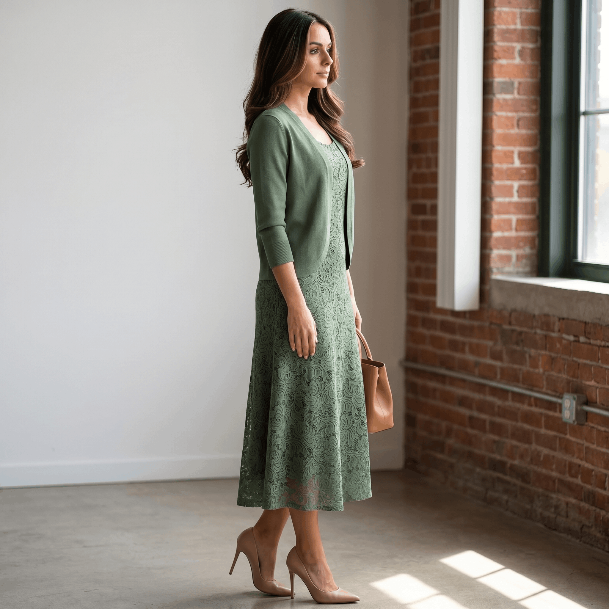 Delia Lace Midi Dress Set – Crew Neck Long-Sleeve Cardigan Layered