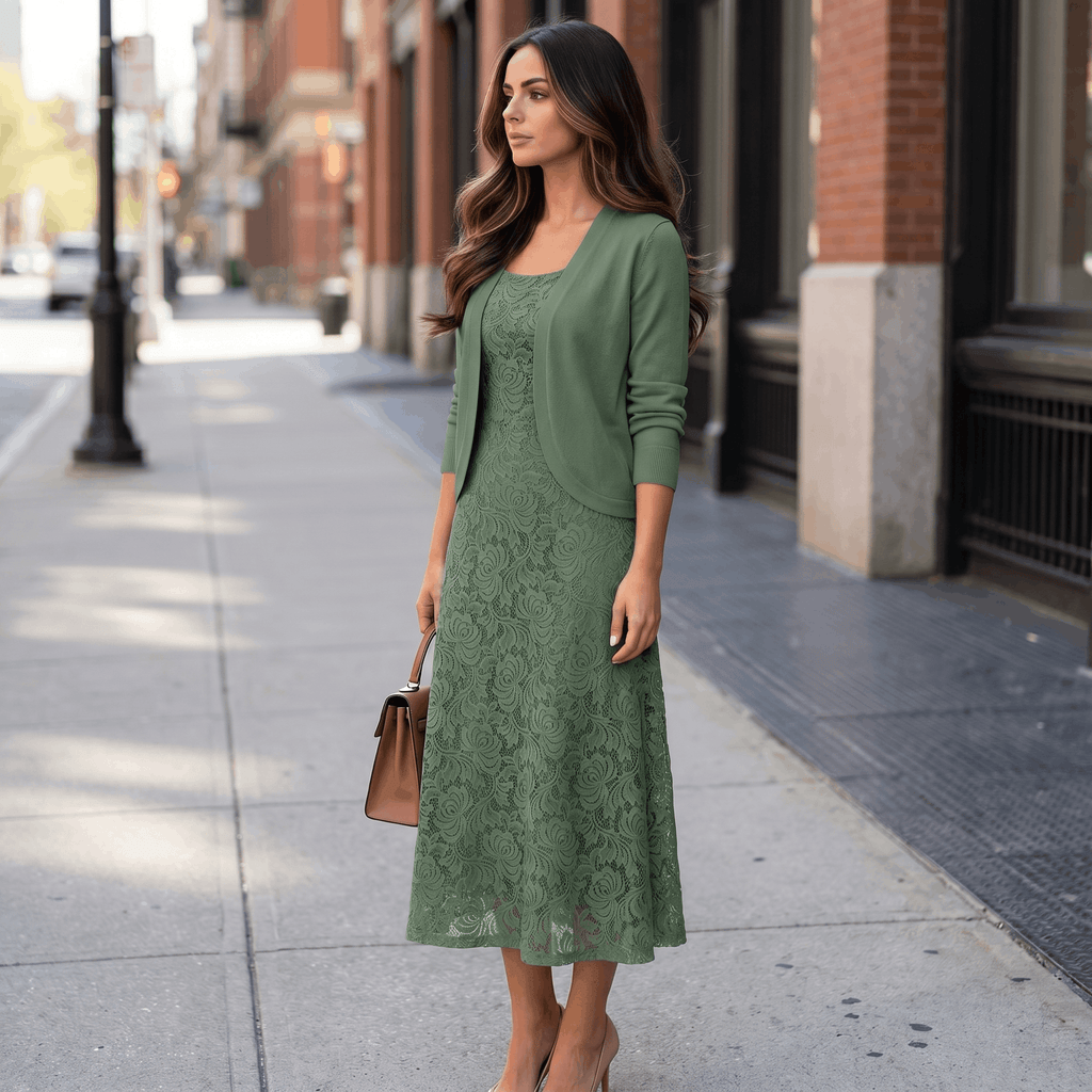 Delia Lace Midi Dress Set – Crew Neck Long-Sleeve Cardigan Layered
