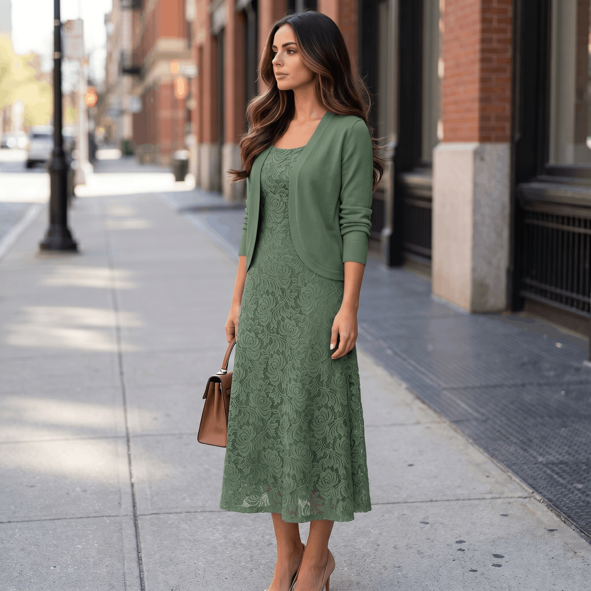 Delia Lace Midi Dress Set – Crew Neck Long-Sleeve Cardigan Layered