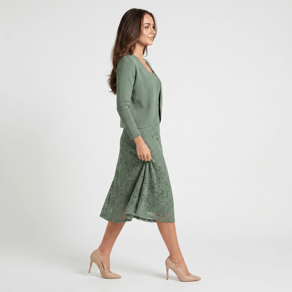Delia Lace Midi Dress Set – Crew Neck Long-Sleeve Cardigan Layered