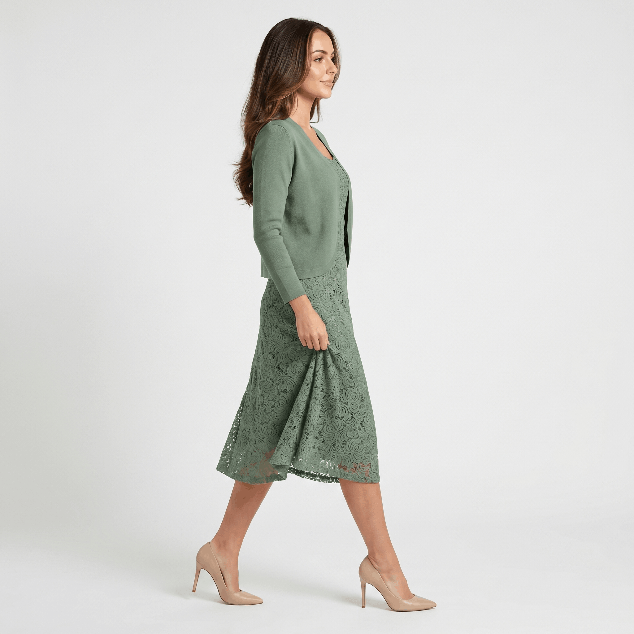 Delia Lace Midi Dress Set – Crew Neck Long-Sleeve Cardigan Layered