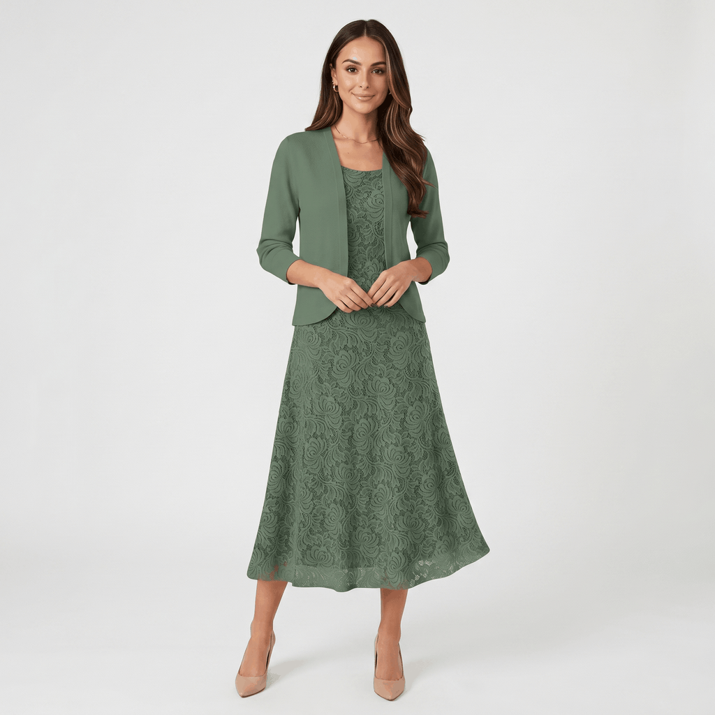 Delia Lace Midi Dress Set – Crew Neck Long-Sleeve Cardigan Layered