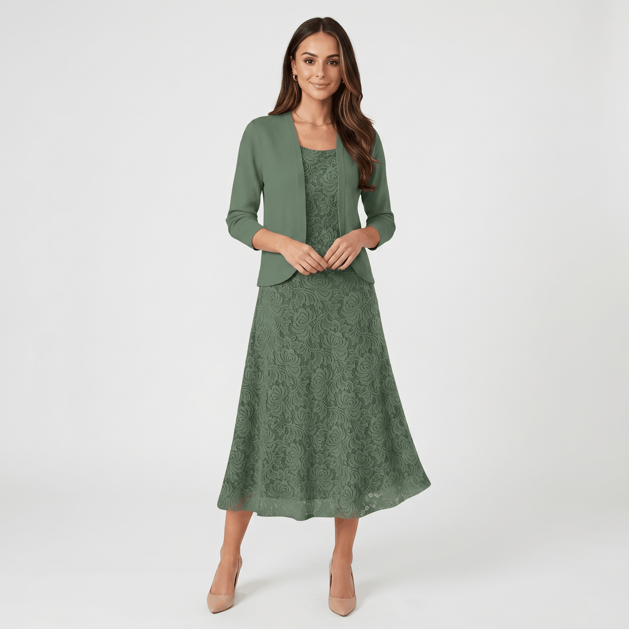 Delia Lace Midi Dress Set – Crew Neck Long-Sleeve Cardigan Layered